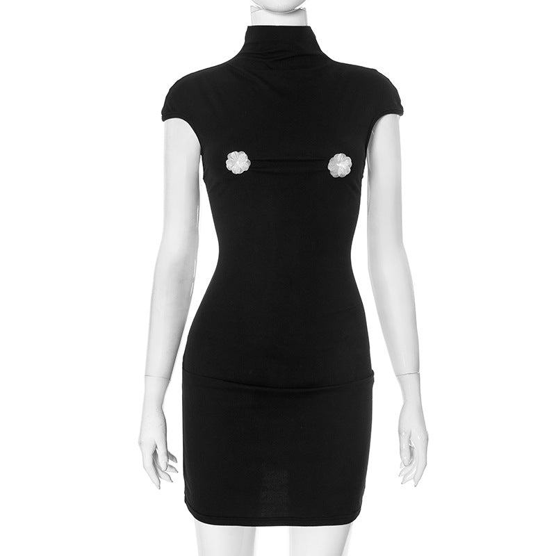 High neck new sleeveless lace floral bag hip dress