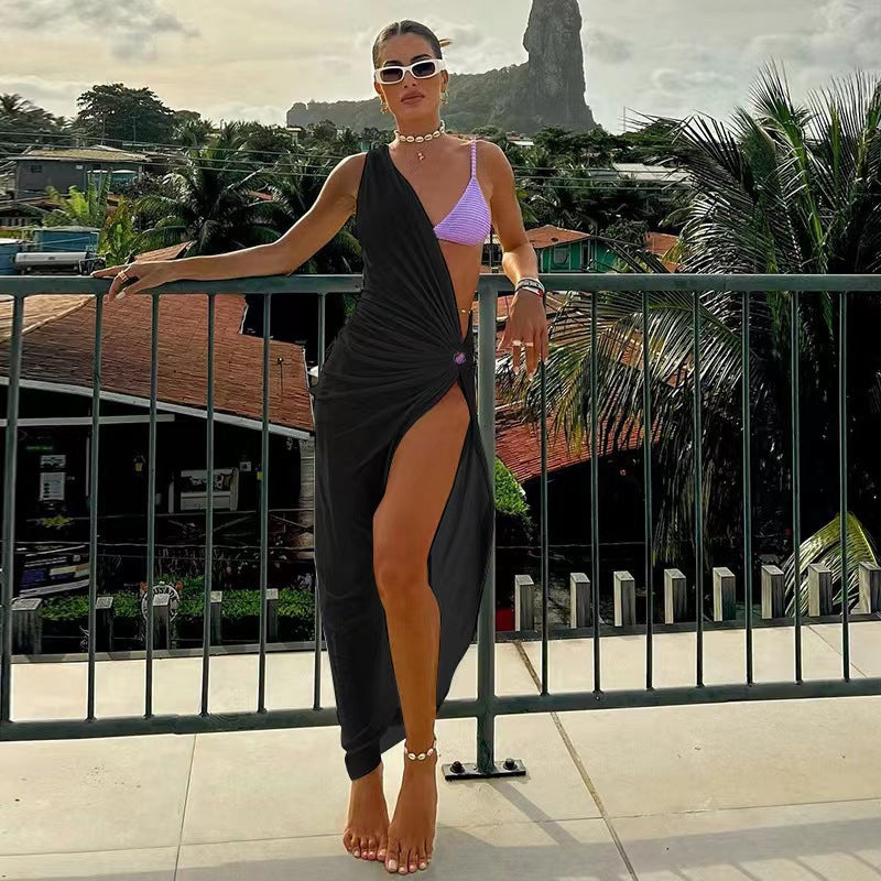Summer one shoulder hanging neck irregular dress