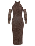 Hanging neck and shoulder sleeves slim fit pleated diamond studded long dress for women