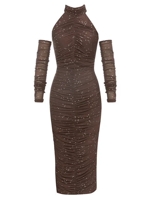 Hanging neck and shoulder sleeves slim fit pleated diamond studded long dress for women