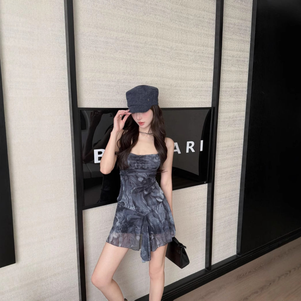 Irregular Printed Mesh Short Skirt with Cross-Tied Backless Strapless Dress