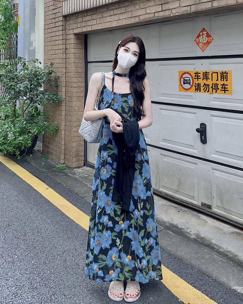 French Style Beach Vacation Long Dress High-Quality Blue Floral Sleeveless Strapless Dress Summer Women