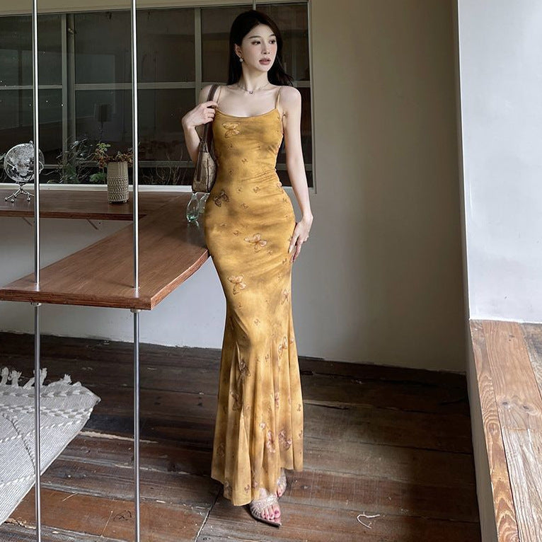 Butterfly Print Strapless Dress New Vintage Elegant Vacation Style