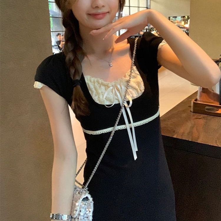 Elegant Lace Spliced Color-Block Tie-Up Dress for Women