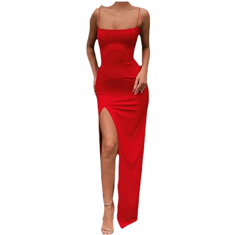 Strap collar slim fit backless sexy slit dress