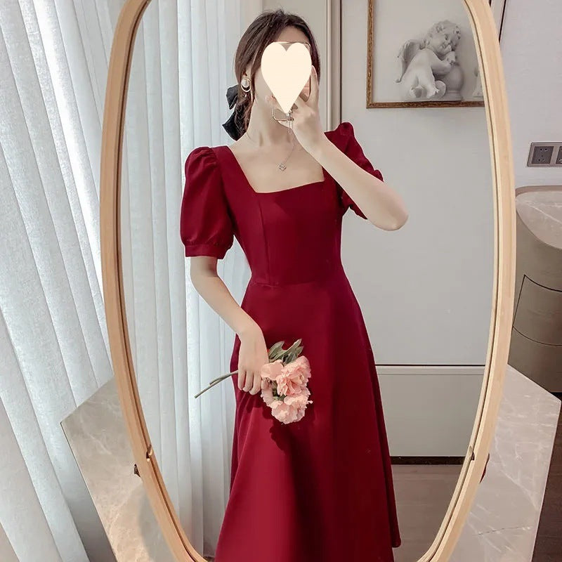 Black Dress Women's INS Tea Dress Elegant Square Neck Knee-Length Long Section Hepburn Style Little Black Dress