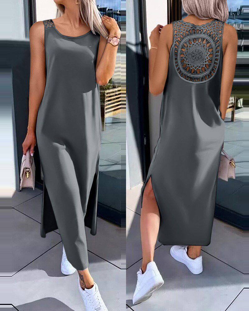 Lace hollow-out strap dress, sleeveless, slit, over-the-knee mid-length dress, summer