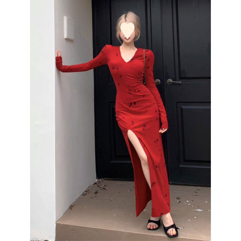 Pure Desire V-neck Vintage Printed Dress,Sexy Mature Look, Fitted Slit Bodycon Long Dress