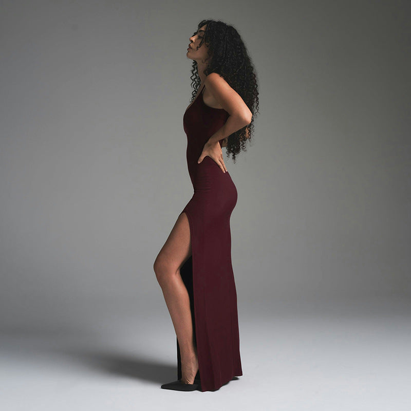 Women's Autumn and Winter Sexy Strapless Solid Color Backless Waist-cinching Slit Fitted Dress