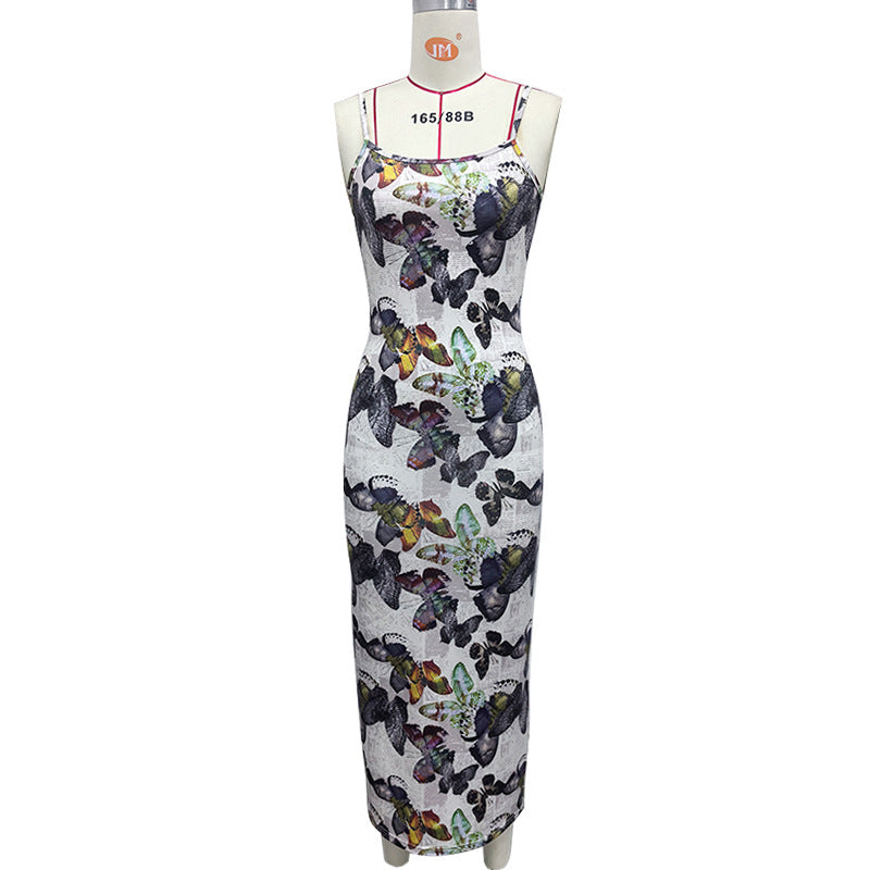 Women's butterfly print sexy slim fit backless camisole dress
