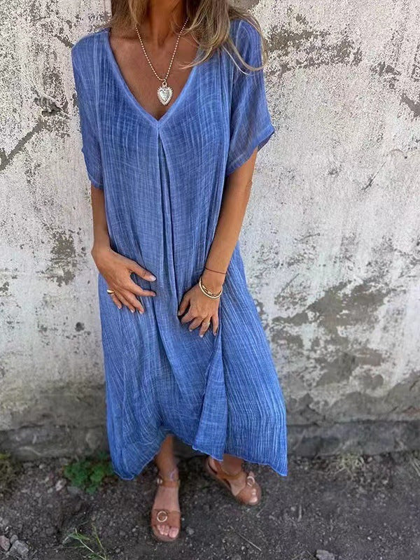 Fashionable cotton and linen V-neck semi formal dress