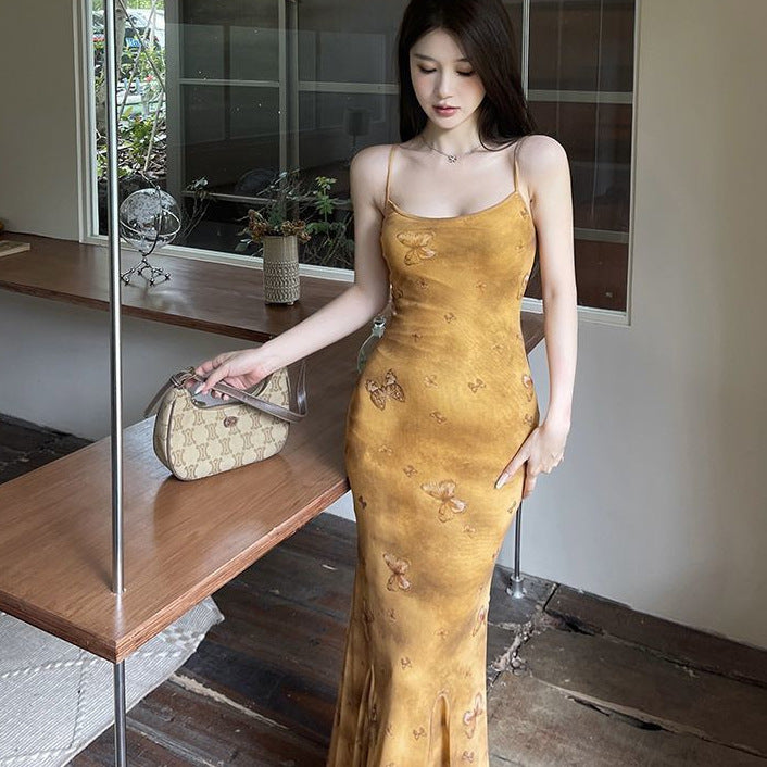 Butterfly Print Strapless Dress New Vintage Elegant Vacation Style