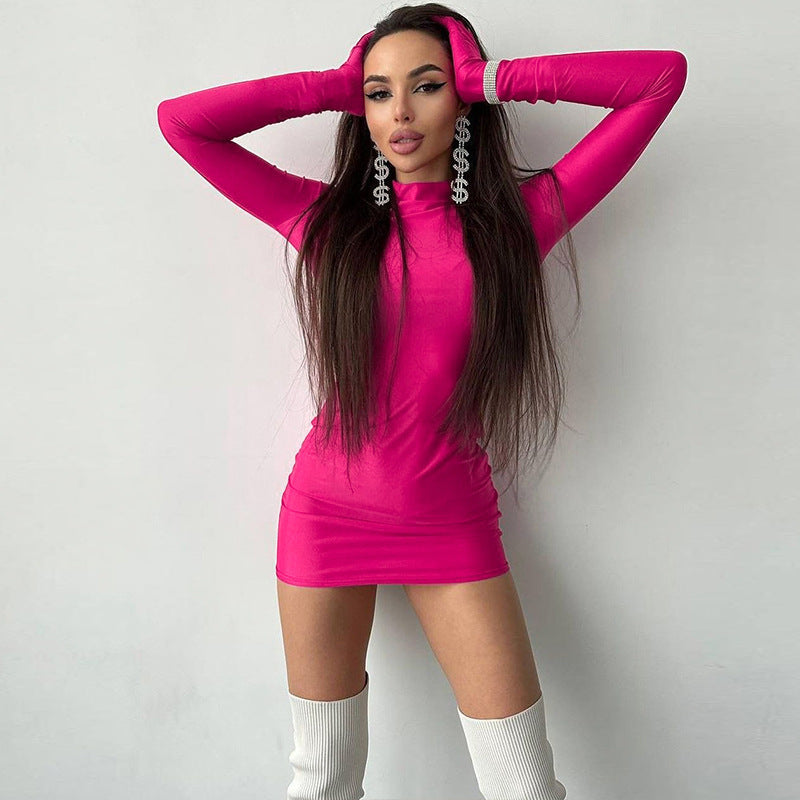 Sexy Fitted Round Neck Long Sleeve Dress with Gloves