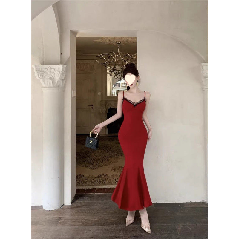 V-Neck Lace Strap Dress Elegant Women's Formal Fish Tail Long Dress