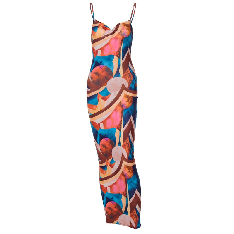 Women Fashion Summer Autumn Sleeveless Printed Bodycon Long Pencil Strap Dress Fall Clothes Streetwear