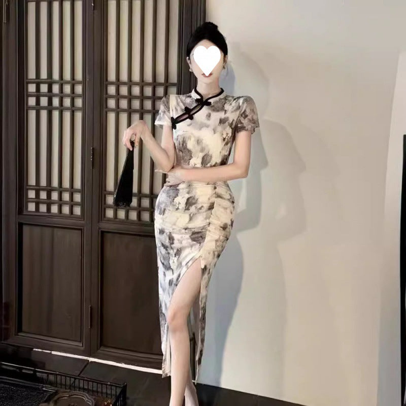 Style Printed Improved Cheongsam High Slit Daily Pencil Pleated Waist Mid-Length Dress