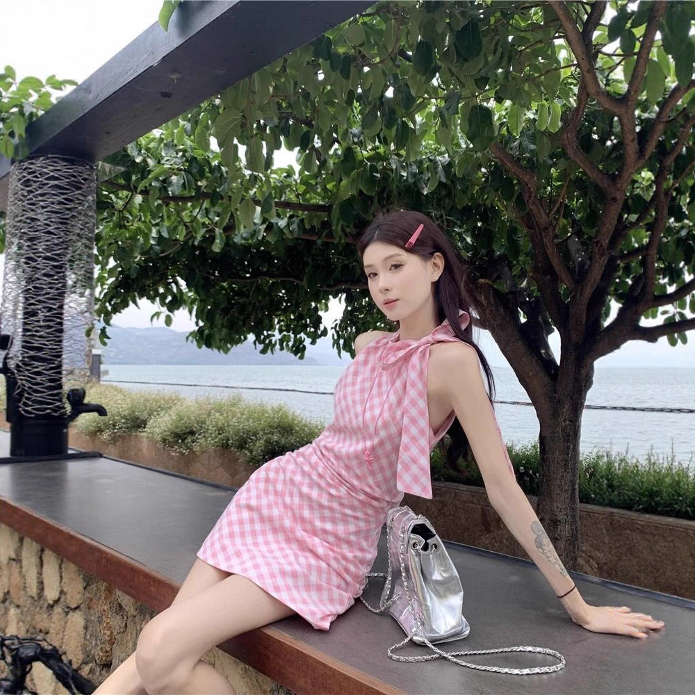 Chic Sweet and Spicy Pink Plaid Dress with Bow Tie Neckline for Women  Bodycon Dress