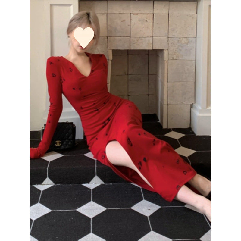 Pure Desire V-neck Vintage Printed Dress,Sexy Mature Look, Fitted Slit Bodycon Long Dress