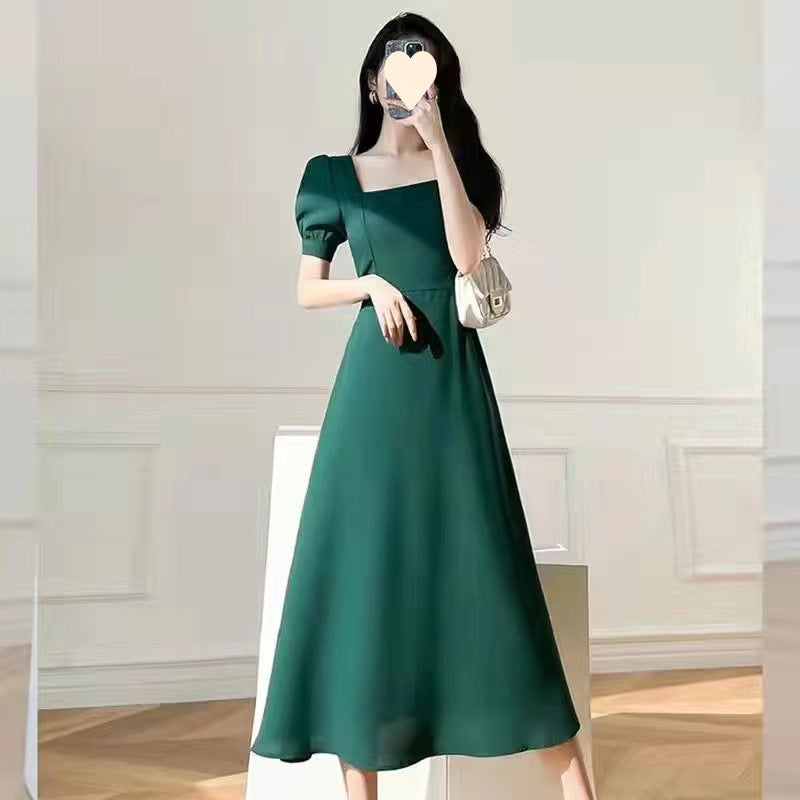 Black Dress Women's INS Tea Dress Elegant Square Neck Knee-Length Long Section Hepburn Style Little Black Dress
