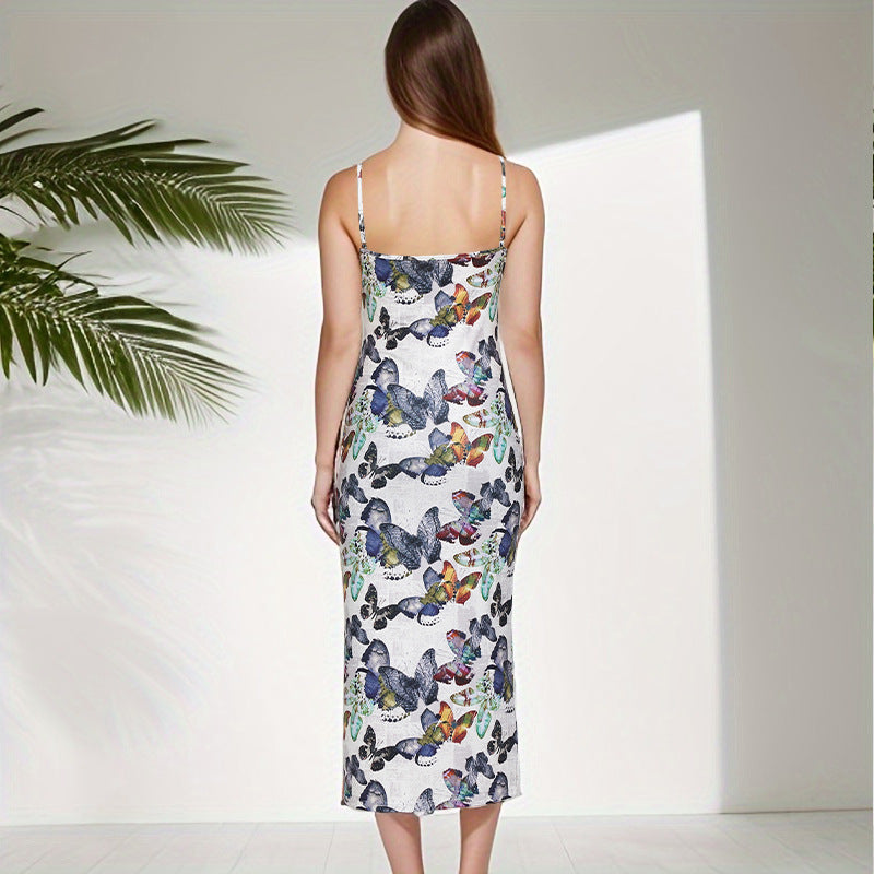 Women's butterfly print sexy slim fit backless camisole dress