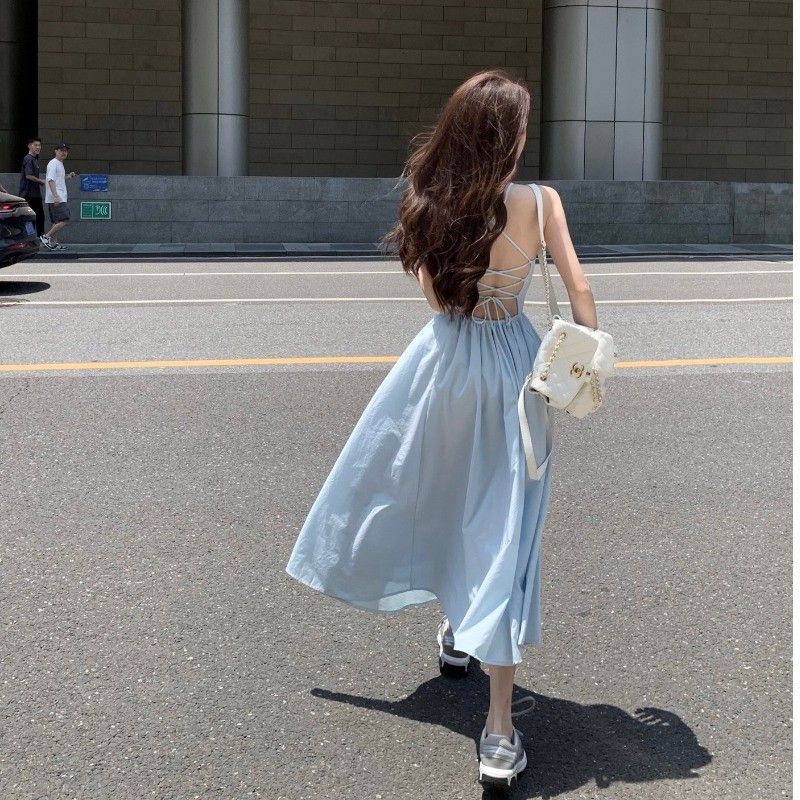 Beach Vacation Dopamine Strapless Dress Women Summer One-Shoulder Waist-Cinched Backless Dress with Ties A-Line