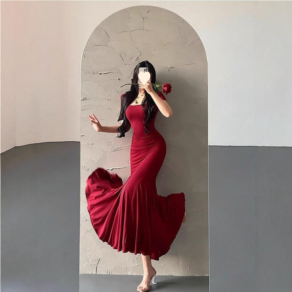 Minimalist New Hepburn Style  Elegant Pleated Sexy Fitted Short Sleeve Bodycon Mermaid Dress with Drape Long Skirt