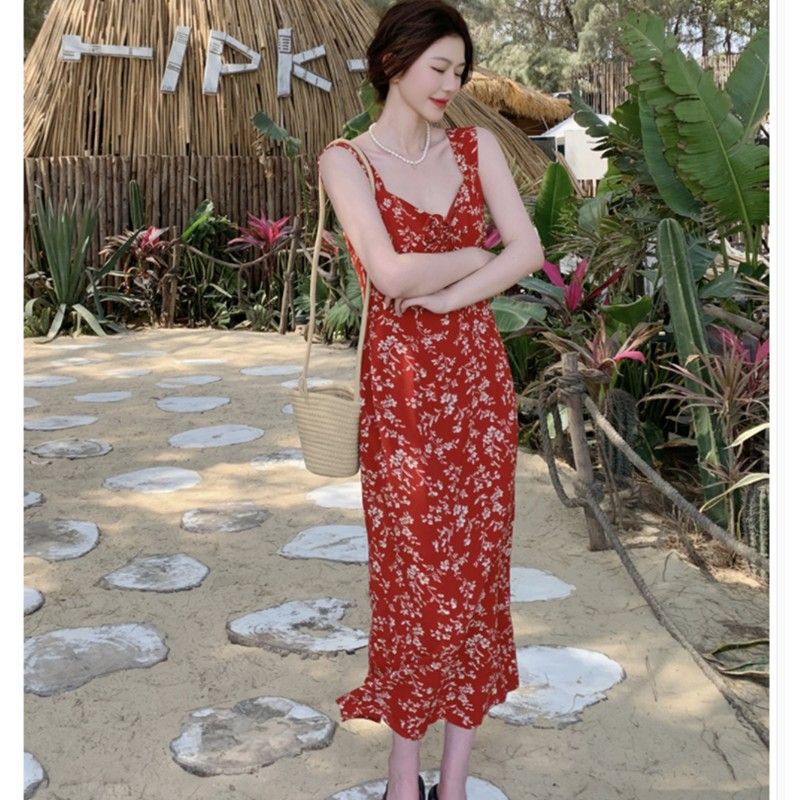 French Style Red Floral Strap Dress for WomenNew Arrival, Casual Long Dress
