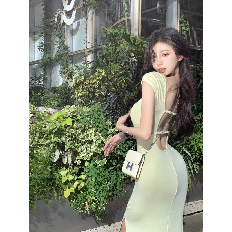Romantic Soft Charming Bodycon Dress for Women, Square Neck, Hollow Back, Slim Fit, Elegant Mid-Length Dress