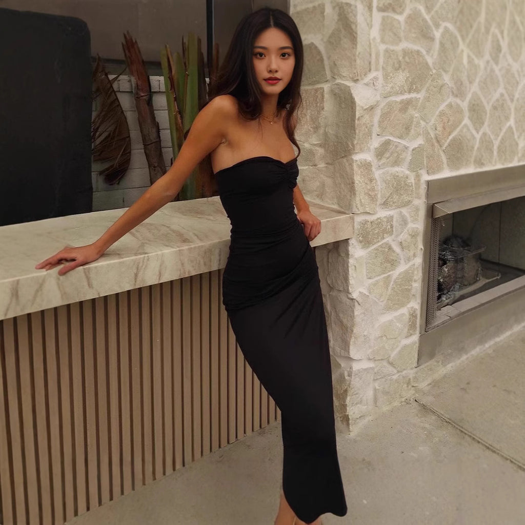Summer sexy hot girl wrapped chest slim fit side slit long solid color dress
