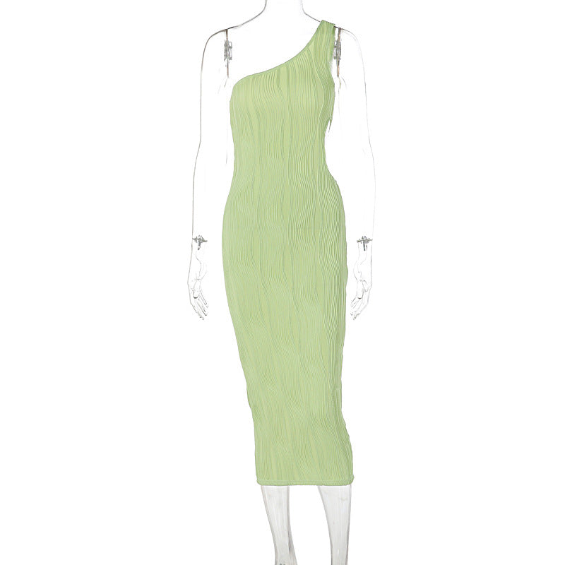 Solid color striped slim fit slanted shoulder hollow out dress