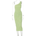 Solid color striped slim fit slanted shoulder hollow out dress