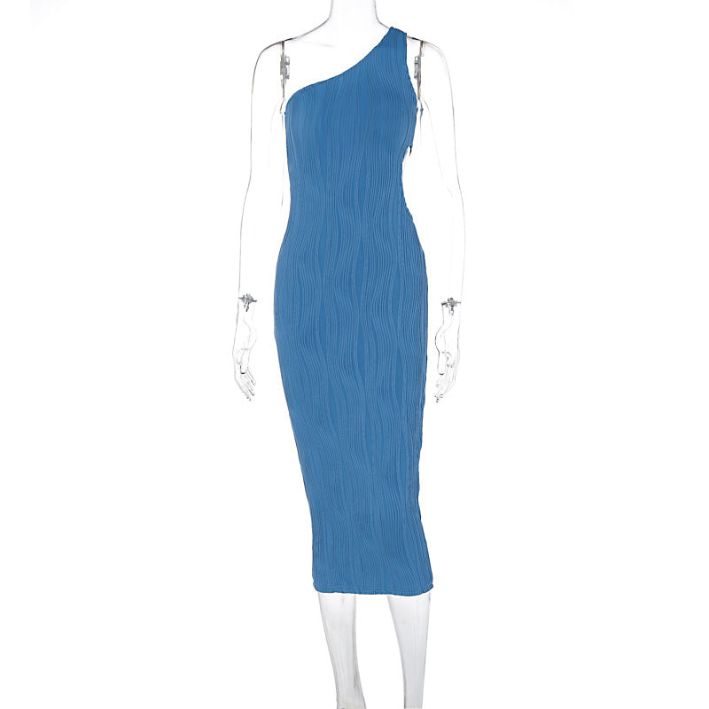 Solid color striped slim fit slanted shoulder hollow out dress