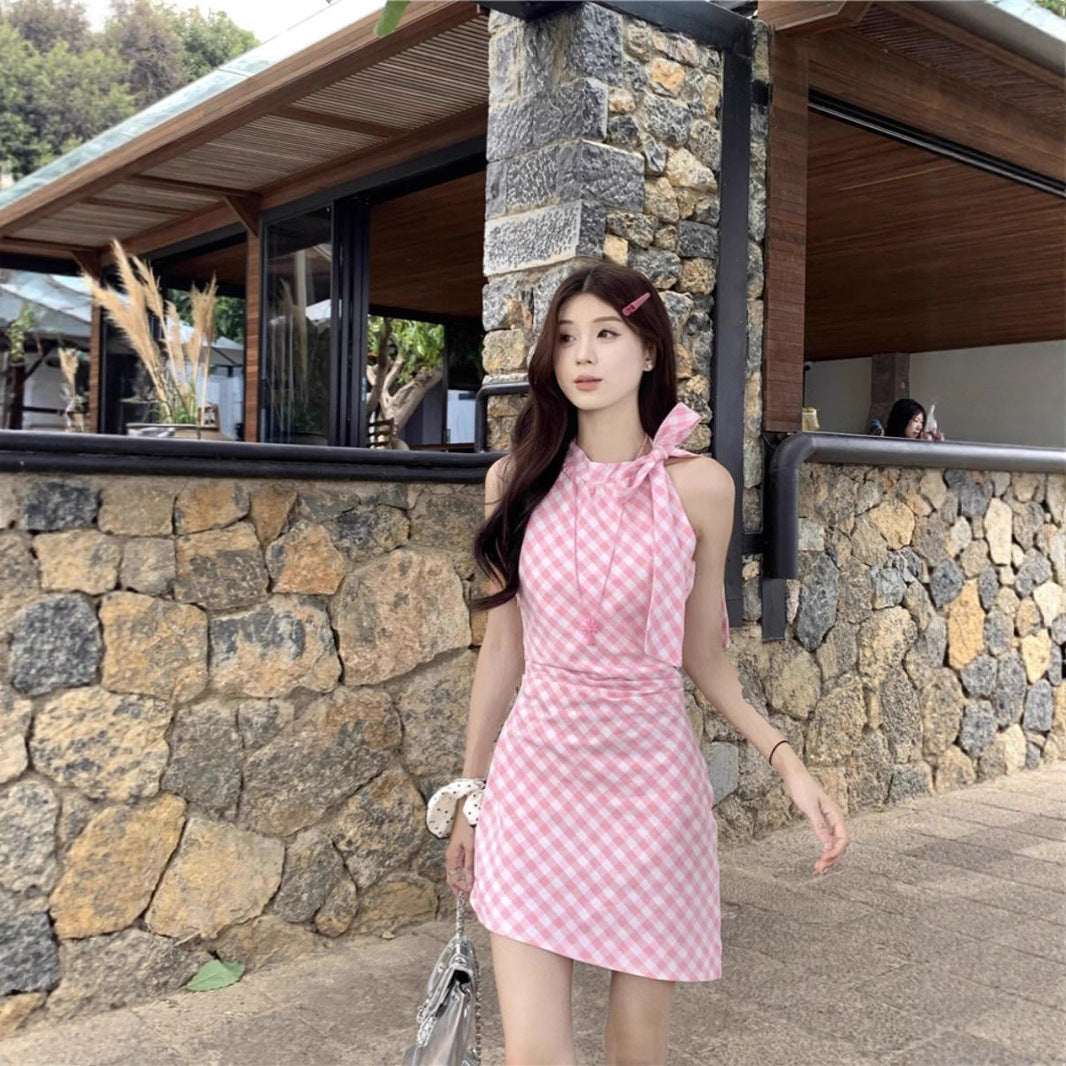 Chic Sweet and Spicy Pink Plaid Dress with Bow Tie Neckline for Women  Bodycon Dress