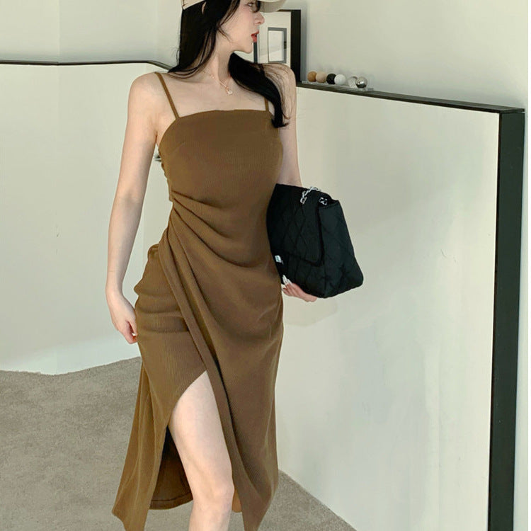Chiffon Sleeveless Dress with Split Design, Mid-Length, Vintage Hollywood Glamour Look, Casual Summer Wear for Women