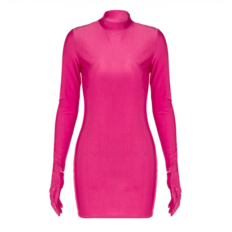 Sexy Fitted Round Neck Long Sleeve Dress with Gloves