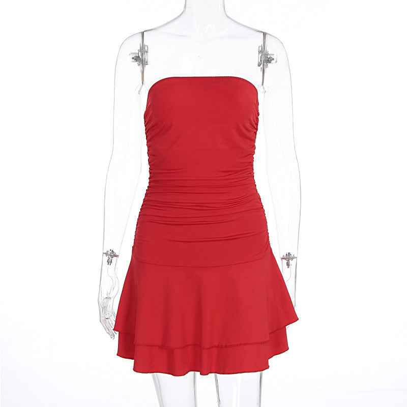 Solid color one shoulder strapless pleated ruffle edge dress