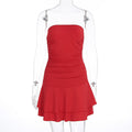Solid color one shoulder strapless pleated ruffle edge dress