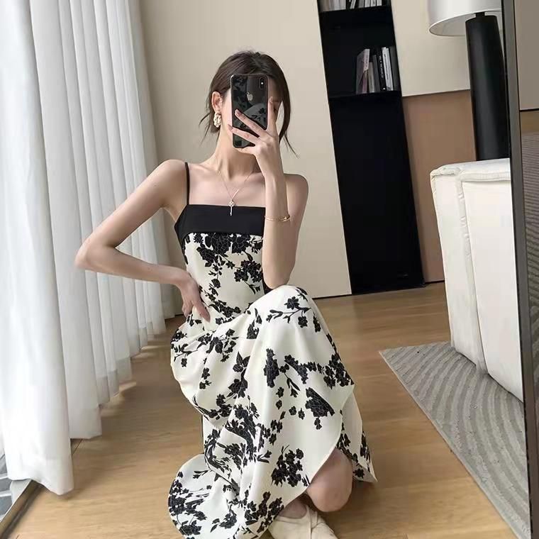 Elegant High-End Floral Strap Dress with Waist-Cinching Design for Women