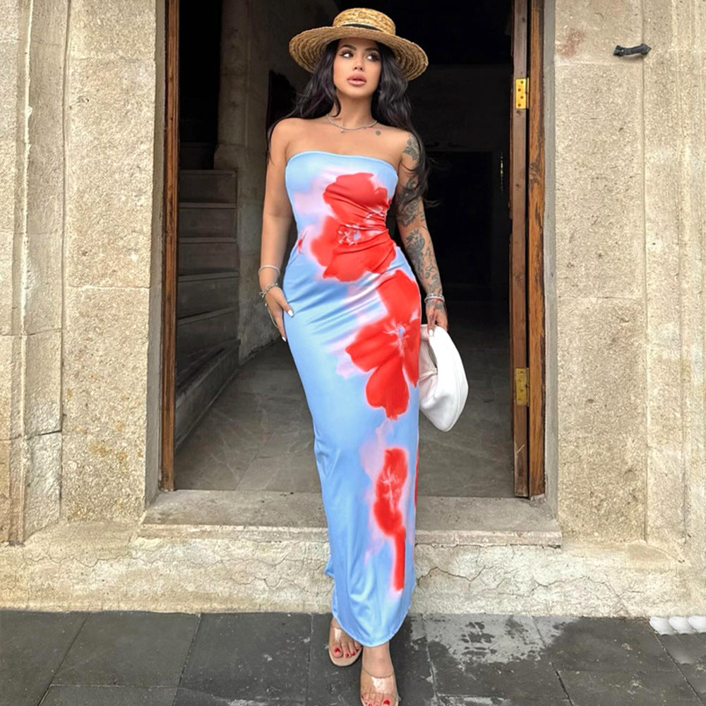 Strapless printed bag hip slit dress