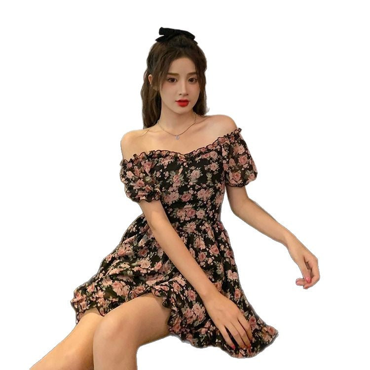 Sexy Rose Floral Print Dress with Bubble Sleeves and High Waist for Women Summer Sheer Chiffon Short Skirt