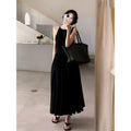 Black Waist-Cutout Vacation Style Dress Design Sense Waist-Cinching Slimming Sleeveless Halter Long Dress for Women Summer