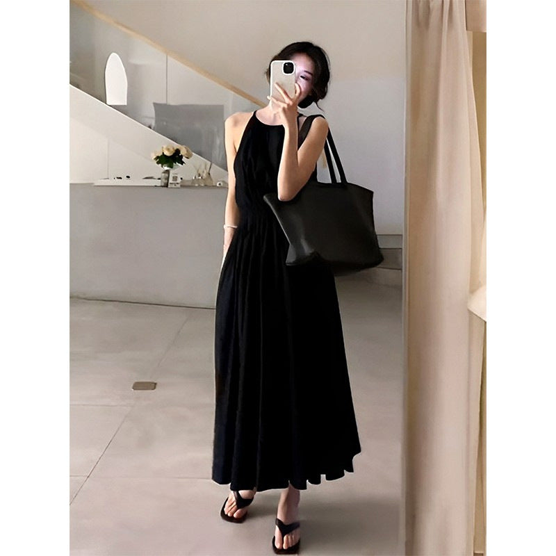 Black Waist-Cutout Vacation Style Dress Design Sense Waist-Cinching Slimming Sleeveless Halter Long Dress for Women Summer