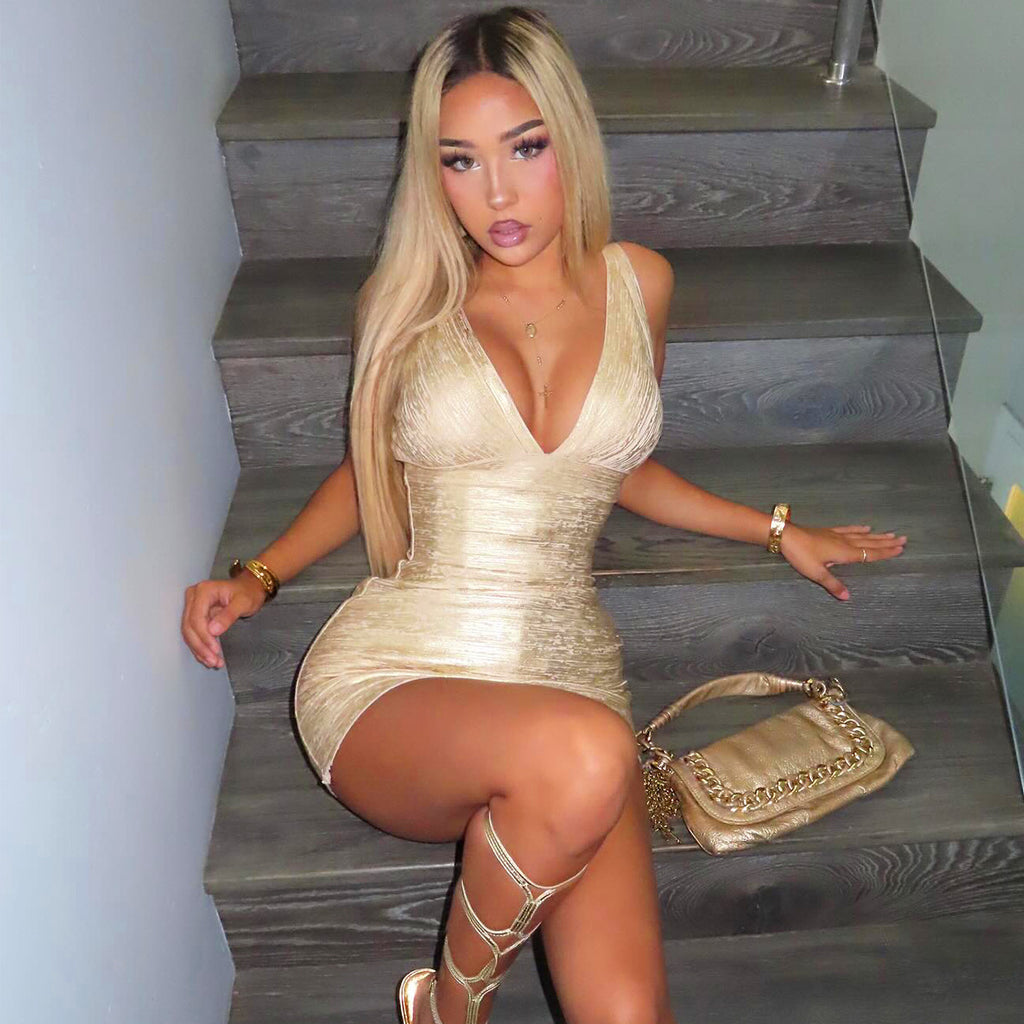 Deep V metallic hip hugging dress