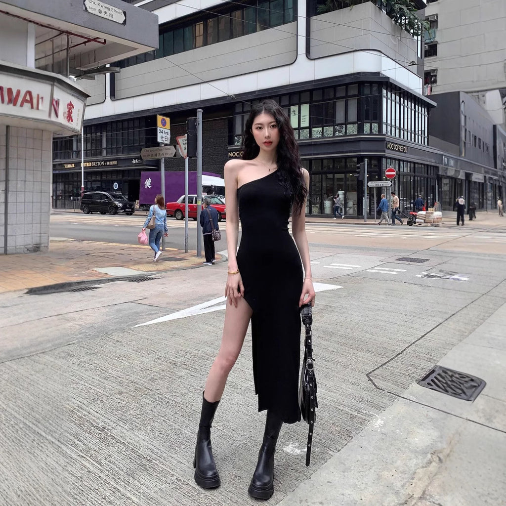 Chic Asymmetrical Shoulder Bodycon Tank Dress for Women Elastic Slim-FittingSexyTrendy Mini Dress