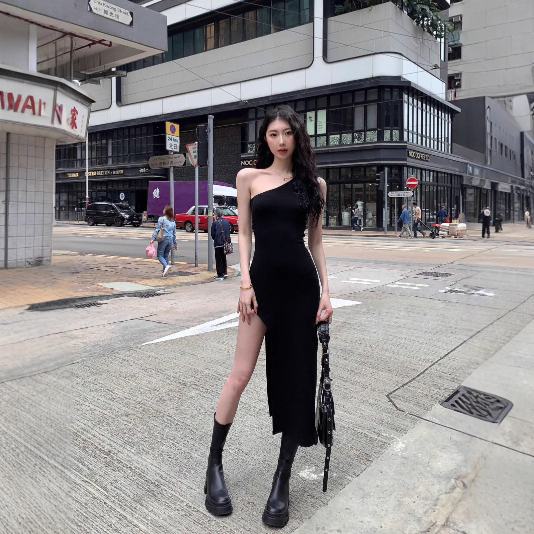 Chic Asymmetrical Shoulder Bodycon Tank Dress for Women Elastic Slim-FittingSexyTrendy Mini Dress