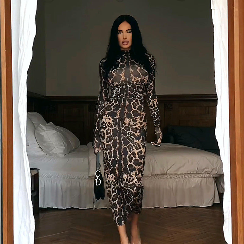 Leopard Print Long Sleeve Semi-High Neck Fitted Bodycon Dress