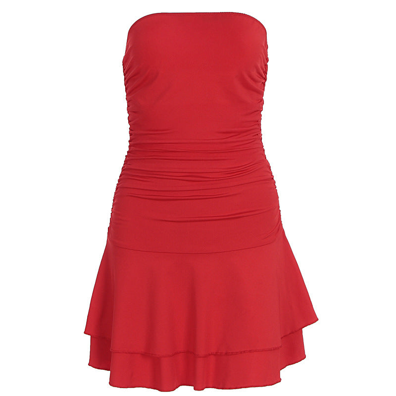 Solid color one shoulder strapless pleated ruffle edge dress