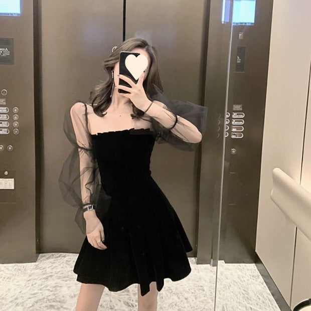 Black Dress Women Long Sleeve Nightclub Sexy Fairy Waist Slimming One-Shoulder Fairy Dress