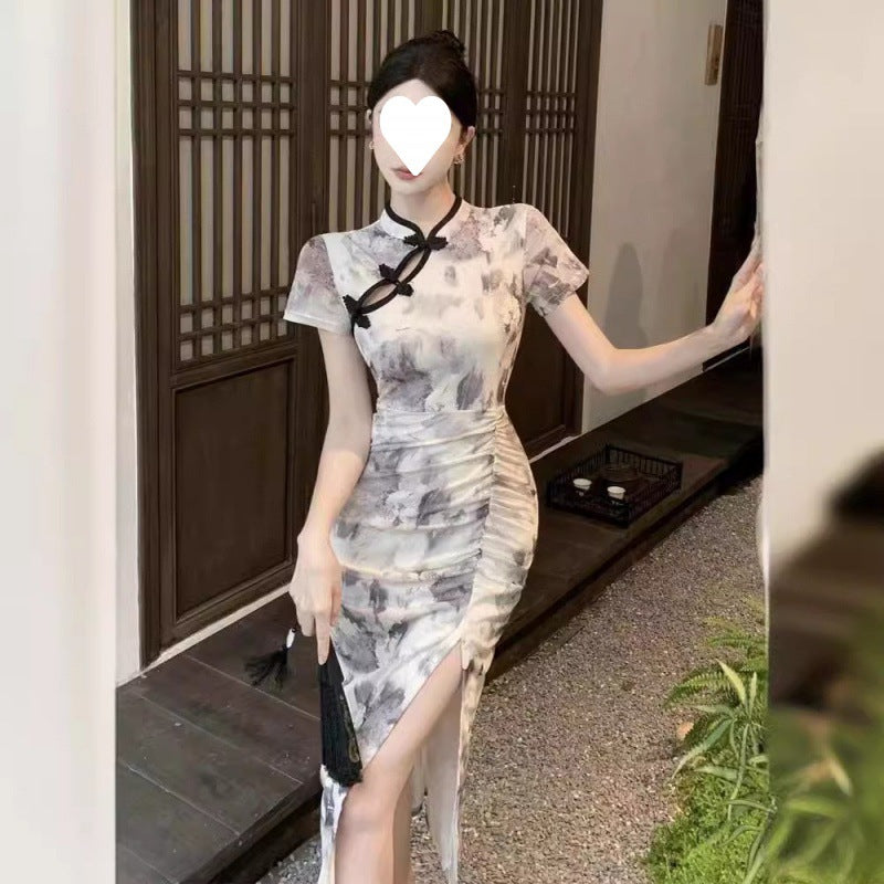 Style Printed Improved Cheongsam High Slit Daily Pencil Pleated Waist Mid-Length Dress