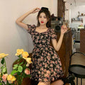 Sexy Rose Floral Print Dress with Bubble Sleeves and High Waist for Women Summer Sheer Chiffon Short Skirt